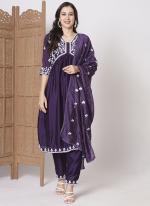 Vichitra Silk Purple Party Wear Embroidery Work Readymade Kurti Set